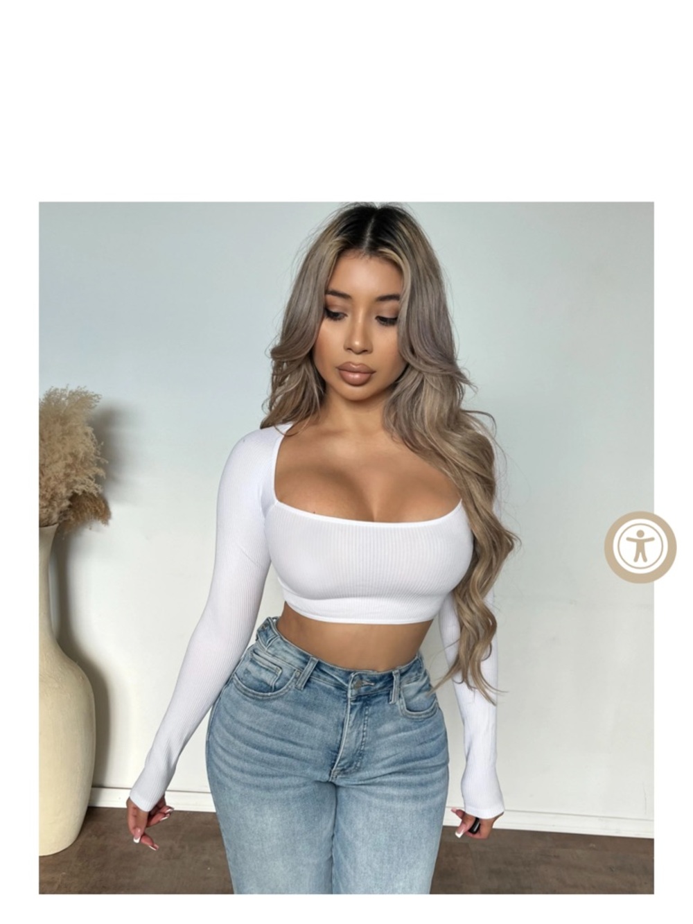White Ribbed Long Sleeve Crop Top - Women